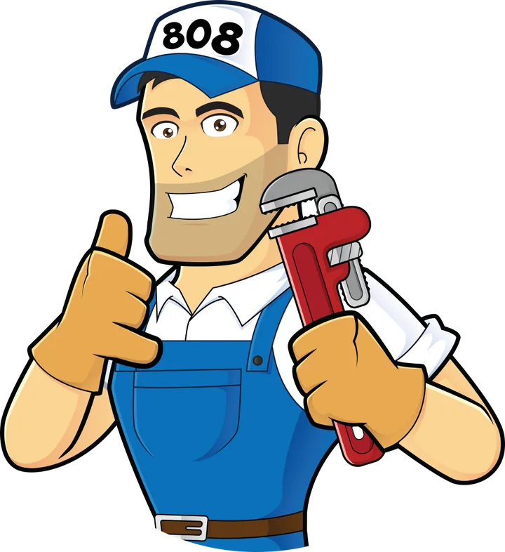 The 808 Handy Haole mascot giving a shaka and holding a pipe wrench